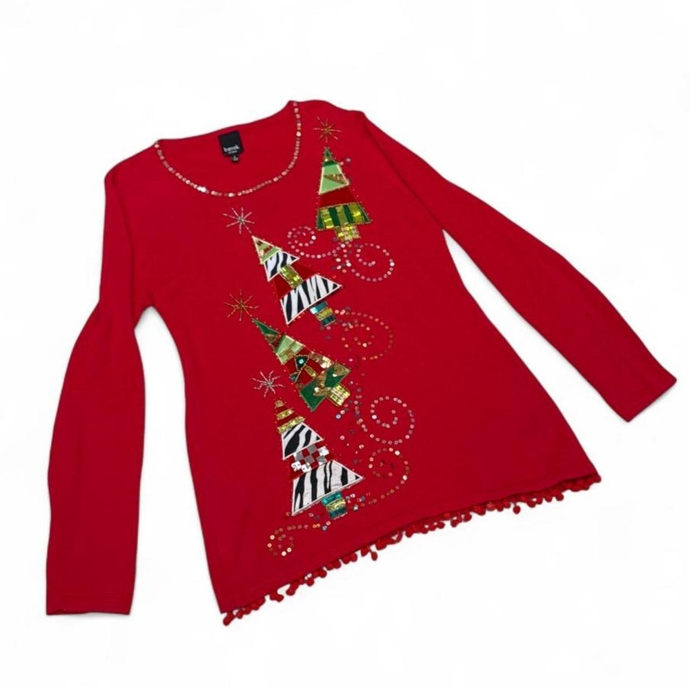 Vintage Berek Christmas Sweater Red Sequin Tree Pom Pom Trim Large Holiday Knit